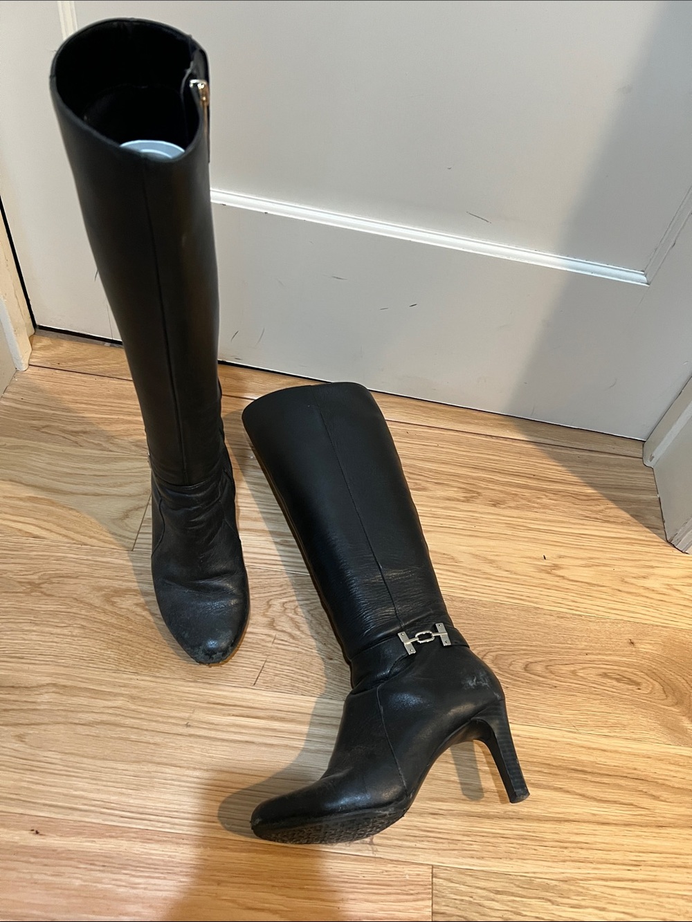 Bandolino Black Knee-High Leather Heeled Boots with Silver Buckle